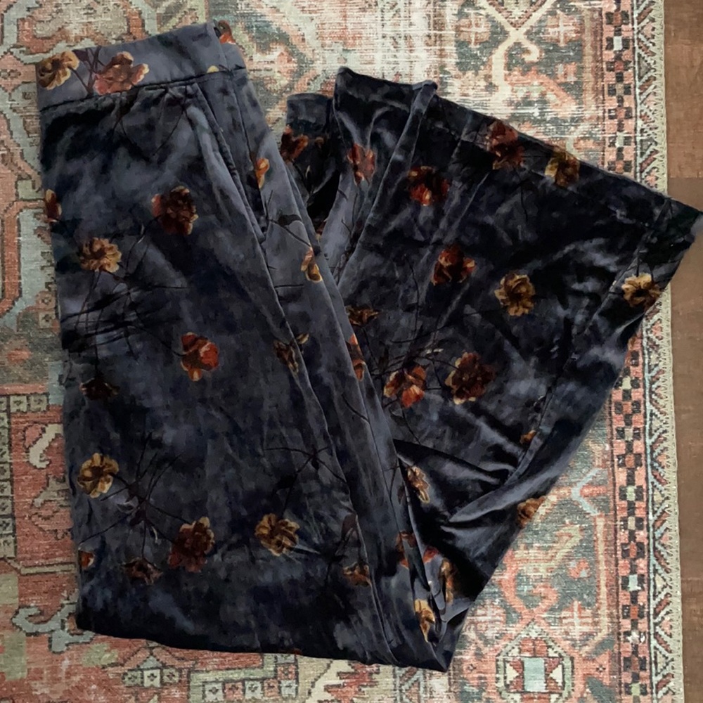 Anthropologie Velvet Wide-Leg Pants in Charcoal with Rust & Mustard Floral
